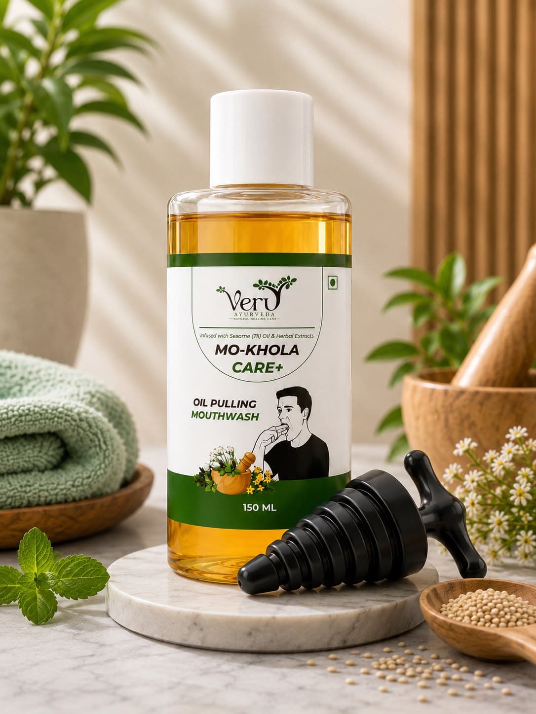MO-KHOLA CARE+ Oil Pulling Mouthwash 150 ml with mouth opener